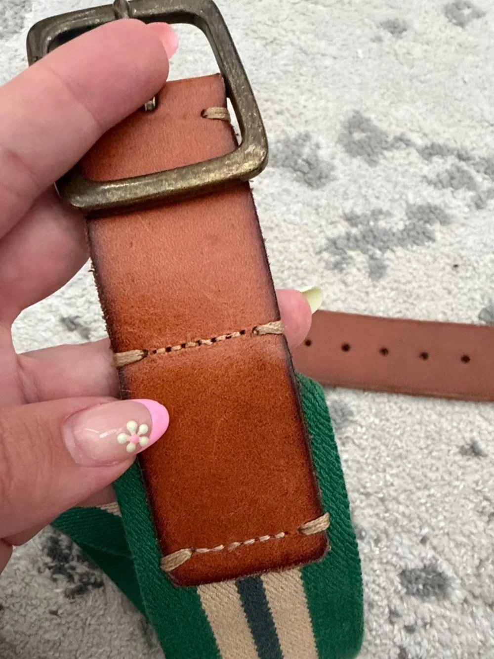 Abercrombie & Fitch Green and Cream Striped elastic belt with Brown Leather